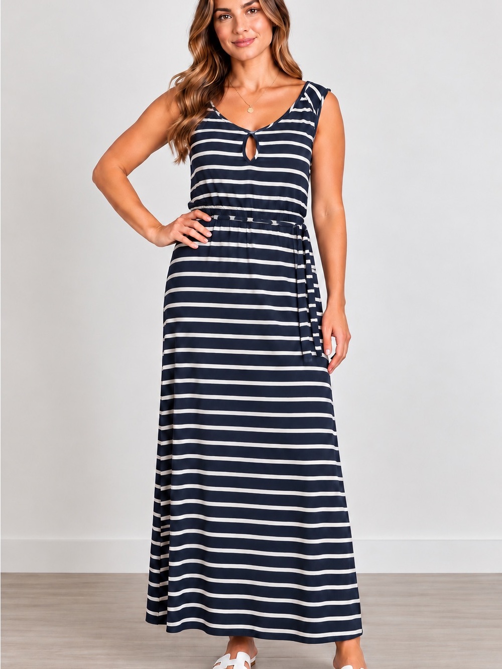 Denver Hayes Navy & White Striped  Maxi Dress